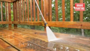 A Person Spraying Water On A Deck