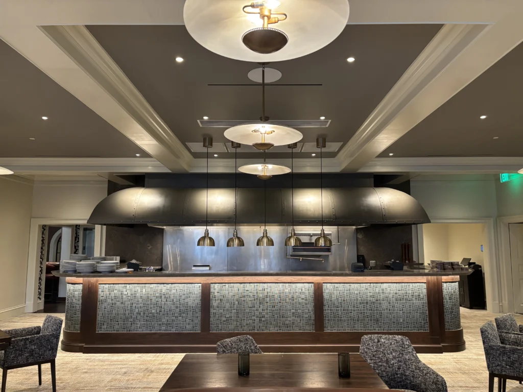 a kitchen with a counter and a table