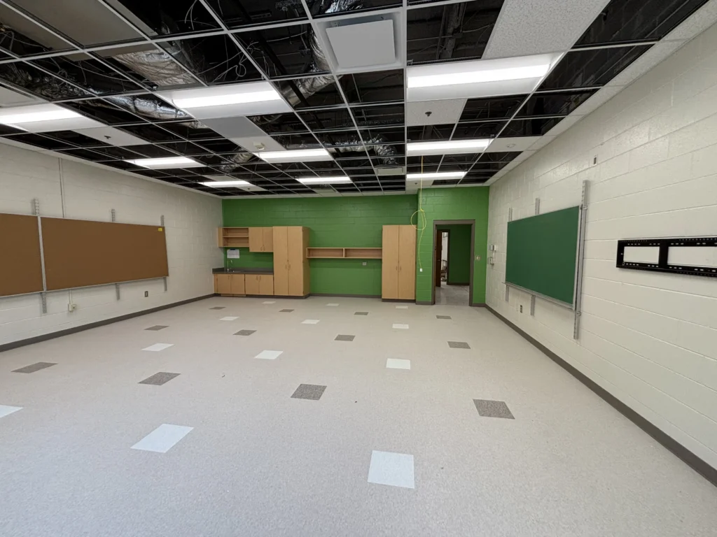 a room with green walls and black ceiling