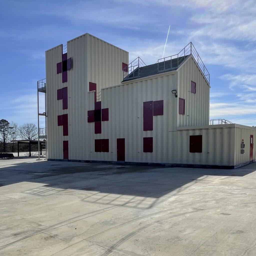 a building with red windows